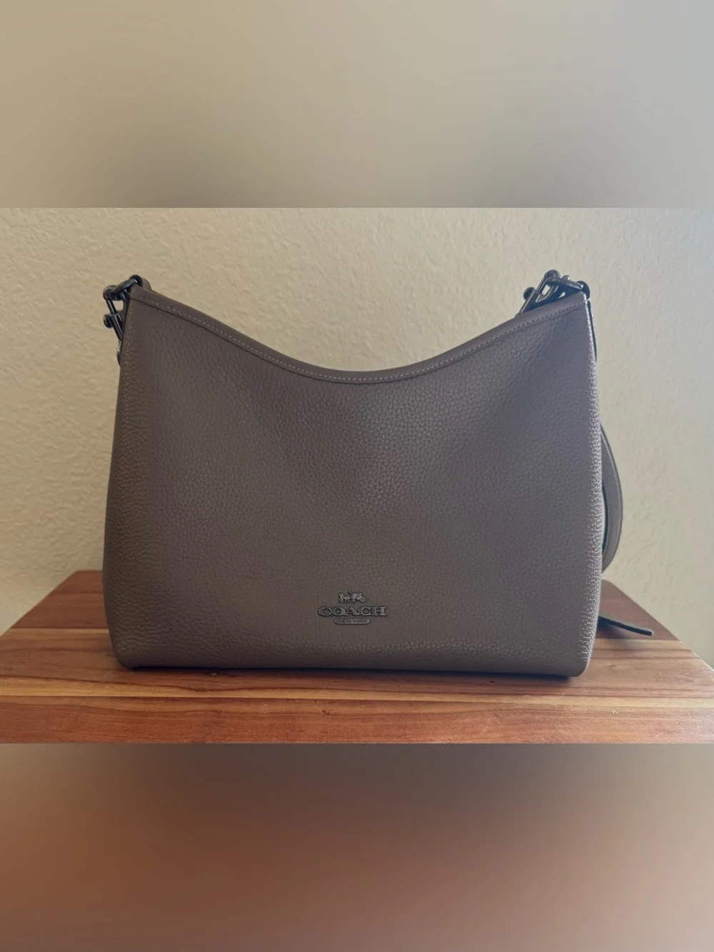 Coach Pebbled Leather Shoulder Bag in Dark Stone with gunmetal hardware
